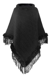 FURRY COLLAR SOLID COLOR KNITTED CLOAK SHAWL - Doublju